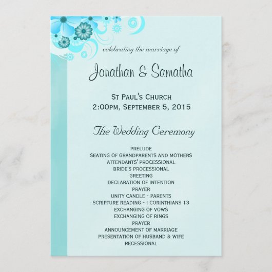 Light Aqua Blue Turquoise Floral Wedding Programme (Devant)