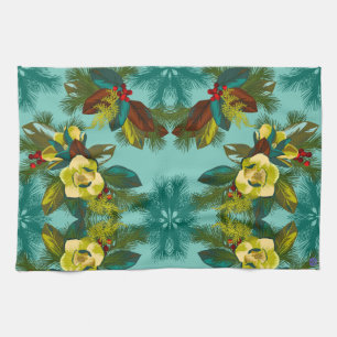 Light Aqua Magnolia Floral Print Kitchen Towel Theedoek