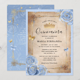 Light Baby Blue en Gold Roos Elegant Quinceanera Kaart