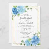 Light Baby Blue Floral Hydrangea Gold Wedding Kaart (Voorkant / Achterkant)