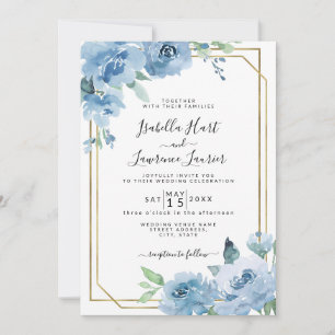 Light Baby Blue Floral Waterverf Gold Wedding Kaart