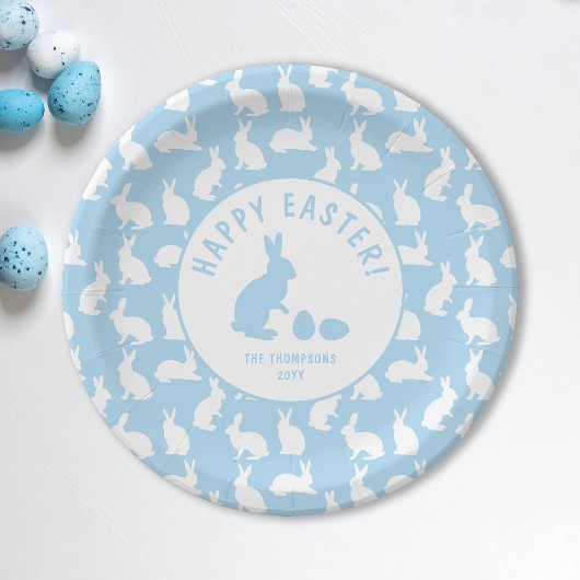 Light Blue And White Bunny Pattern Happy Easter Papieren Bordje