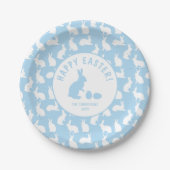 Light Blue And White Bunny Pattern Happy Easter Papieren Bordje (Voorkant)