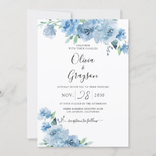 Light Blue Baby Blue Floral QR in één bruiloft Kaart