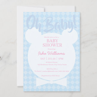 Light Blue Bear bow tied Oh Baby Shower Invitation Kaart