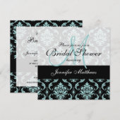 Light Blue Black Damask Bridal Shower-uitnodiging Kaart (Voorkant / Achterkant)