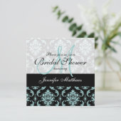 Light Blue Black Damask Bridal Shower-uitnodiging Kaart (Staand voorkant)