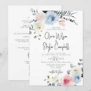 Light Blue Blush Tropical QR in één bruiloft Kaart