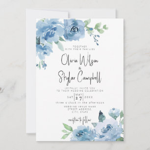 Light Blue Boho Floral QR Code All in One Wedding Kaart