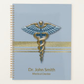 Light Blue Caduceus Faux Gold Foil Stripes Medical Planner (Voorkant)