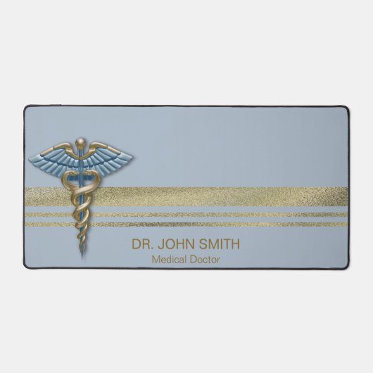 Light Blue Caduceus Medical Faux Gold Foil Stripes Bureaumat (Voorkant)
