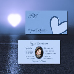 Light Blue Cute Heart Chic met Monogram en Foto Visitekaartje