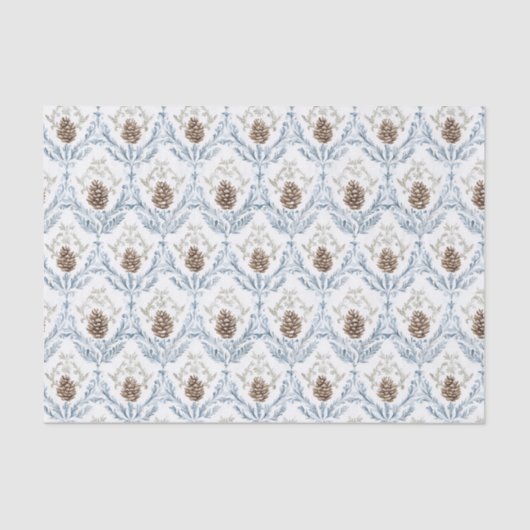 Light Blue Damask Pattern with Pine Cones Tissuepapier (Voorkant)