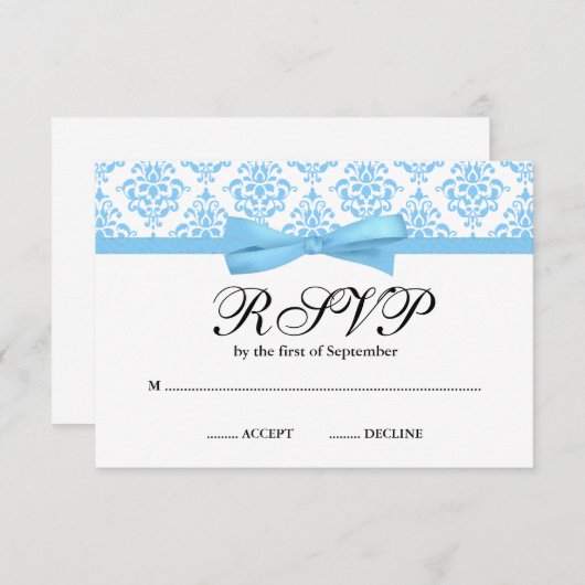 Light Blue Damask Ribbon Bow RSVP (Voorkant / Achterkant)