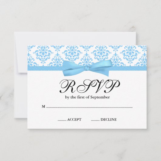 Light Blue Damask Ribbon Bow RSVP Kaartje (Voorkant)