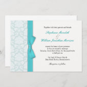 Light Blue Damask Turquoise Bow Wedding Invitation Kaart (Voorkant / Achterkant)