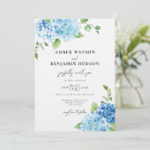 Light Blue Dusty Navy Hydrangea Floral Wedding Kaart (Staand voorkant)