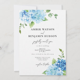 Light Blue Dusty Navy Hydrangea Floral Wedding Kaart