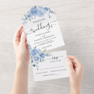 Light Blue Dusty Pastel Flower Floral Wedding RSVP All In One Uitnodiging
