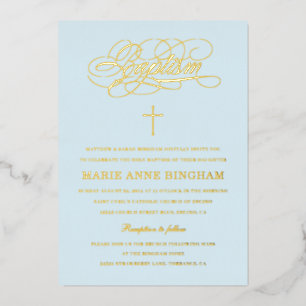 Light Blue Elegant Calligraphy Baptisme Gold Folie Uitnodiging