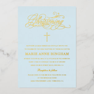Light Blue Elegant Calligraphy Christening Gold Folie Uitnodiging