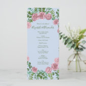 Light Blue en Bleek Pink Peony Roos Wedding Progra Menu (Staand voorkant)