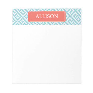 Light Blue en Coral Greek Key Patroon Notitieblok