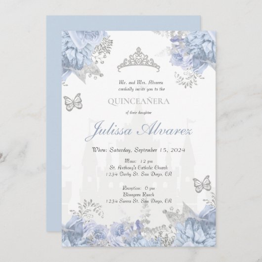 Light Blue Fairytale Quinceanera Invitation (Devant / Derrière)