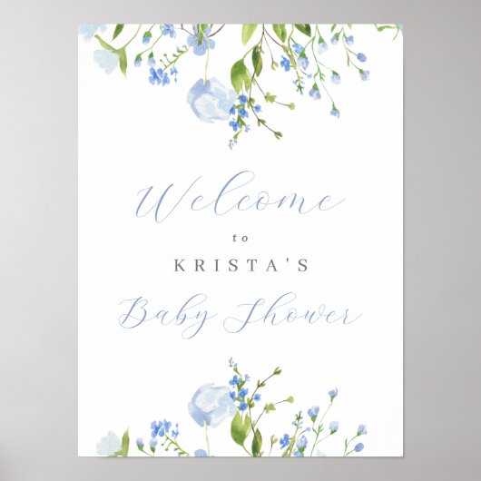 Light Blue Floral Baby shower Welcome Poster (Voorkant)