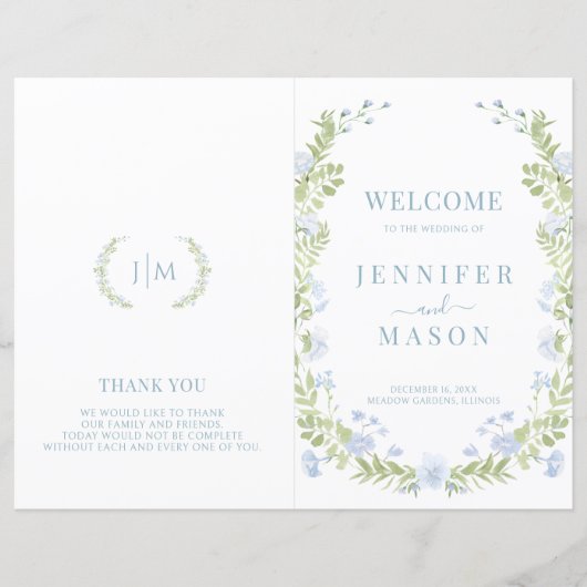 Light Blue Floral Chic Wedding Foldable Program (Voorkant)