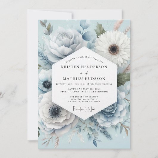 Light Blue Floral Whimsical Wedding Kaart (Voorkant)