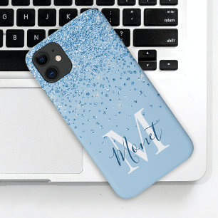 Light Blue Girly Glitter Glam Monogram Script Name iPhone 11 Hoesje