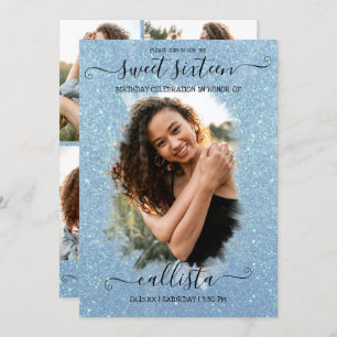 Light Blue Glitter Halo Photo Collage Sweet 16 Kaart