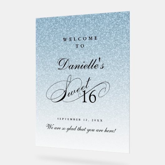 Light Blue Glitter Sweet 16 Personalized Welcome Acryl Bord (Hoek)