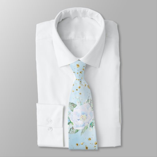 Light Blue Gold Floral Groom bruiloft Stropdas (Gebonden)