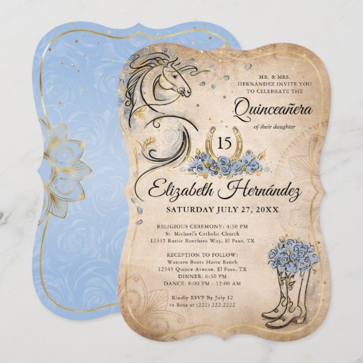 Light Blue Gold Quinceanera Rustic Horse Birthday Kaart (Voorkant / Achterkant)