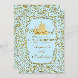 Light Blue & Gold Royal Castle Princess Sweet 16 Kaart