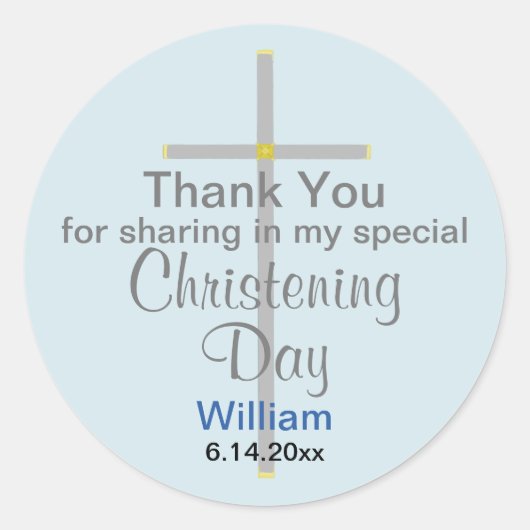 Light Blue Grey Christening Son Dank je Ronde Sticker (Voorkant)