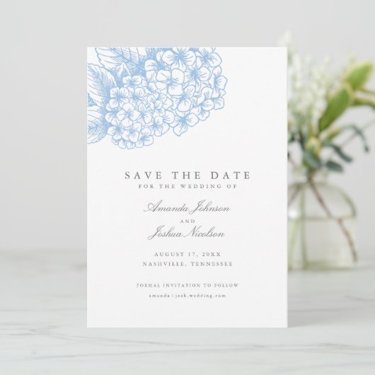 Light Blue Hydrangea Wedding Save the Date (Staand voorkant)