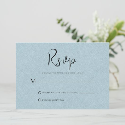 Light Blue Linen Simple Black Script RSVP-kaart Kaart (Staand voorkant)