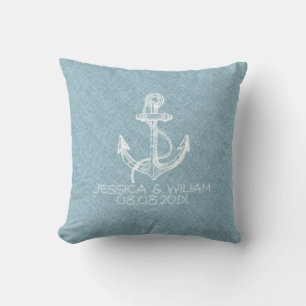 Light Blue Linen & White Boat Anchor Kussen