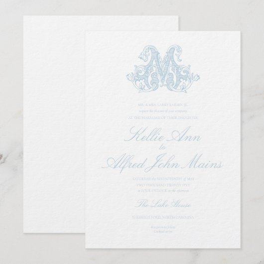 Light Blue "M" Monogram Wedding Invitation (Devant / Derrière)