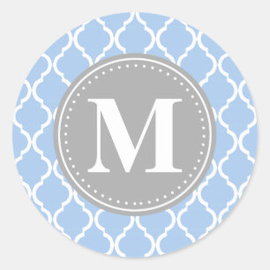 Light Blue Moroccan Lattice Grey Monogram Ronde Sticker