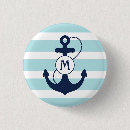 Light Blue Nautical Anchor Monogram Ronde Button 3,2 Cm (Voorkant)
