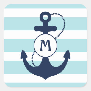 Light Blue Nautical Anchor Monogram Vierkante Sticker