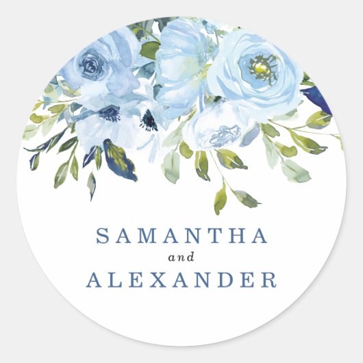 Light Blue Navy Floral Waterverf Wedding Names Ronde Sticker (Voorkant)