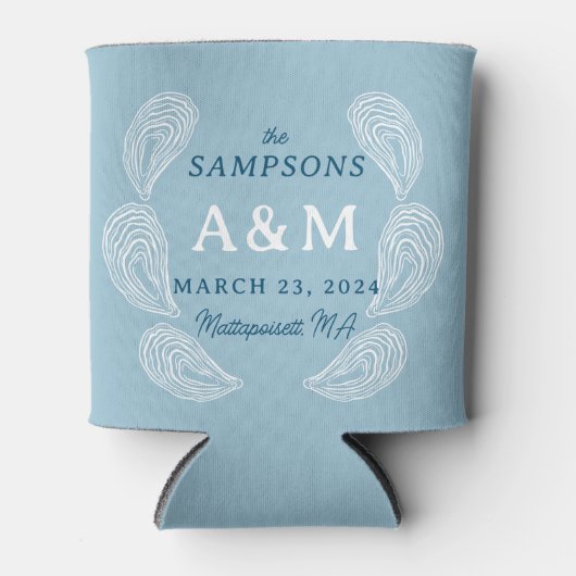 Light Blue Oyster Wedding Name Date and Location Blikjeskoeler (Voorkant)