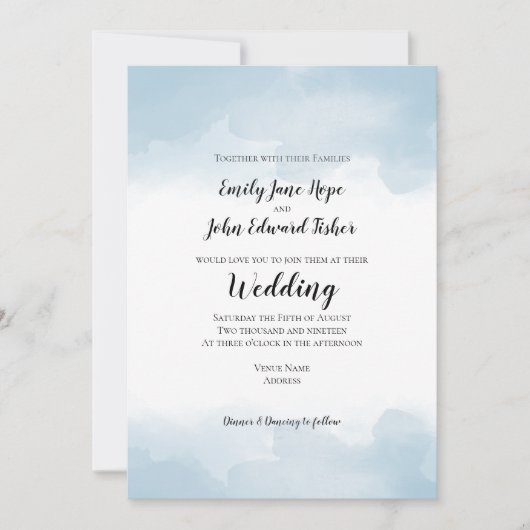 Light Blue Pastel Waterverven Wedding Kaart (Voorkant)