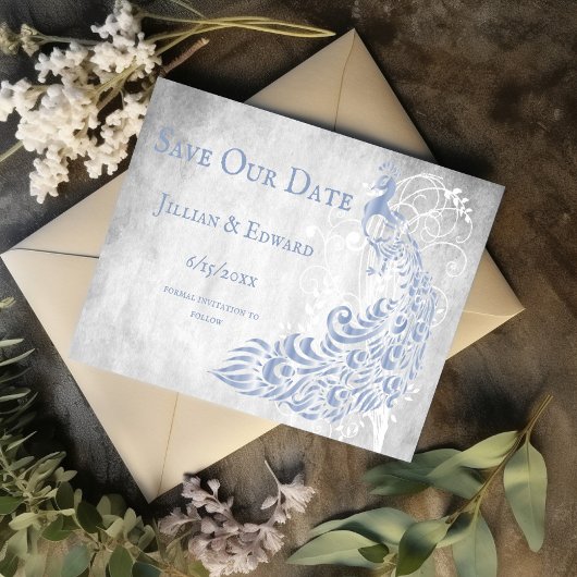 Light Blue Peacock Leaf Vine Save the Date Aankondiging