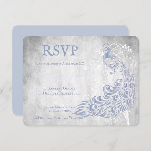 Light Blue Peacock Leaf Vine Wedding RSVP Kaart (Voorkant / Achterkant)